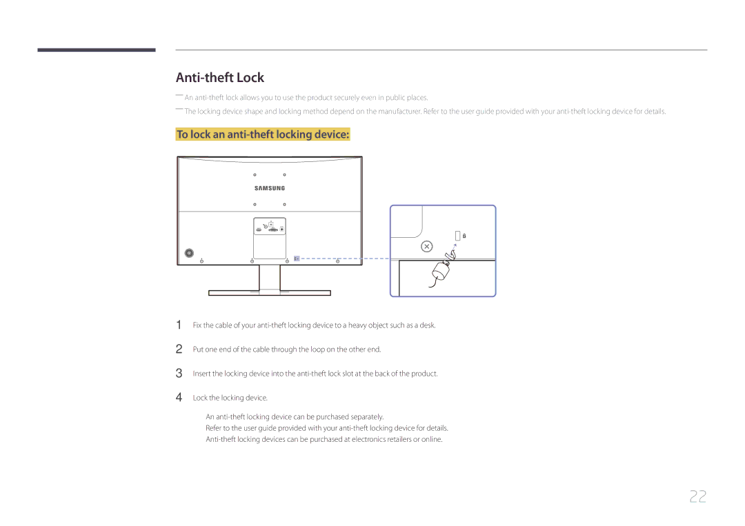 Samsung LS24E510CS/KZ, LS24E500CS/EN, LS27E500CSZ/EN, LS27E510CS/KZ Anti-theft Lock, To lock an anti-theft locking device 