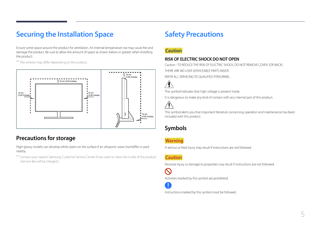 Samsung LS24E500CS/CI, LS24E500CS/EN, LS27E500CSZ/EN manual Securing the Installation Space, Precautions for storage, Symbols 