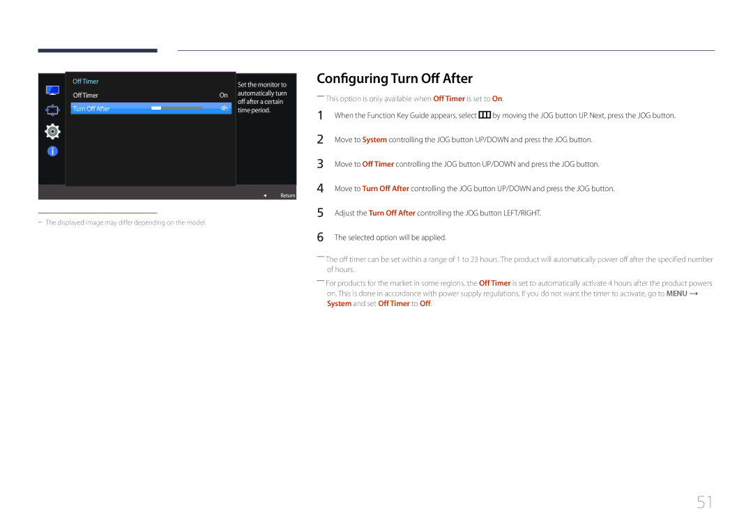 Samsung LS27E500CS/CI manual Configuring Turn Off After, ――This option is only available when Off Timer is set to On 