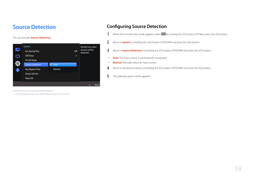 Samsung LS24E500CS/CI, LS24E500CS/EN, LS27E500CSZ/EN Configuring Source Detection, You can activate Source Detection 