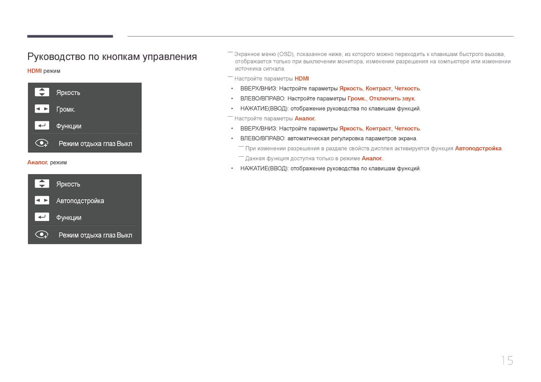 Samsung LS27E510CS/CI, LS24E500CS/EN, LS27E500CSZ/EN manual Руководство по кнопкам управления, Hdmi режим, Аналог. режим 