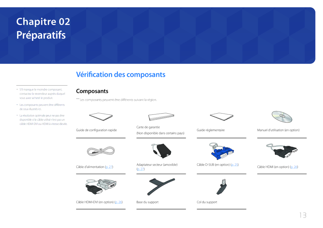 Samsung LS27E500CSZ/EN, LS24E500CS/EN manual Préparatifs, Vérification des composants, Composants 