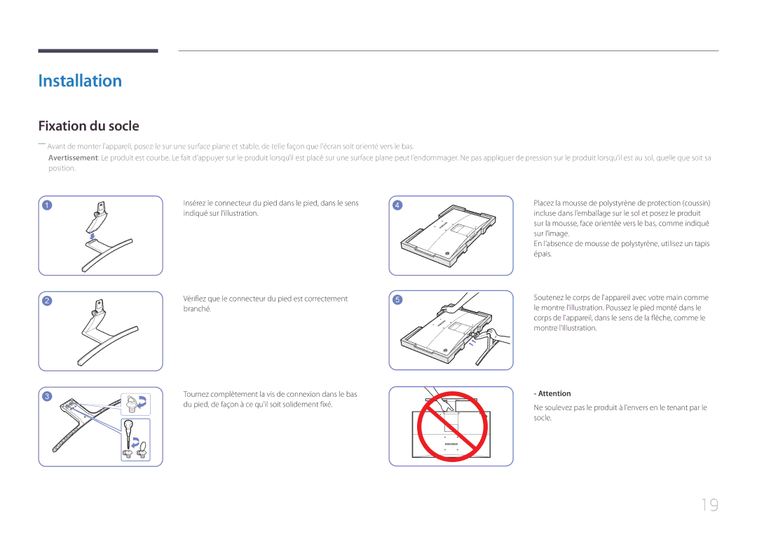 Samsung LS27E500CSZ/EN, LS24E500CS/EN manual Installation, Fixation du socle 