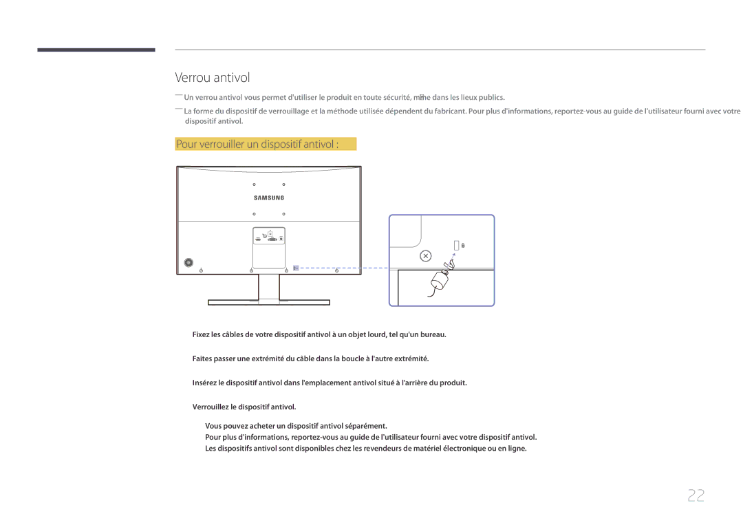 Samsung LS24E500CS/EN, LS27E500CSZ/EN manual Verrou antivol, Pour verrouiller un dispositif antivol 