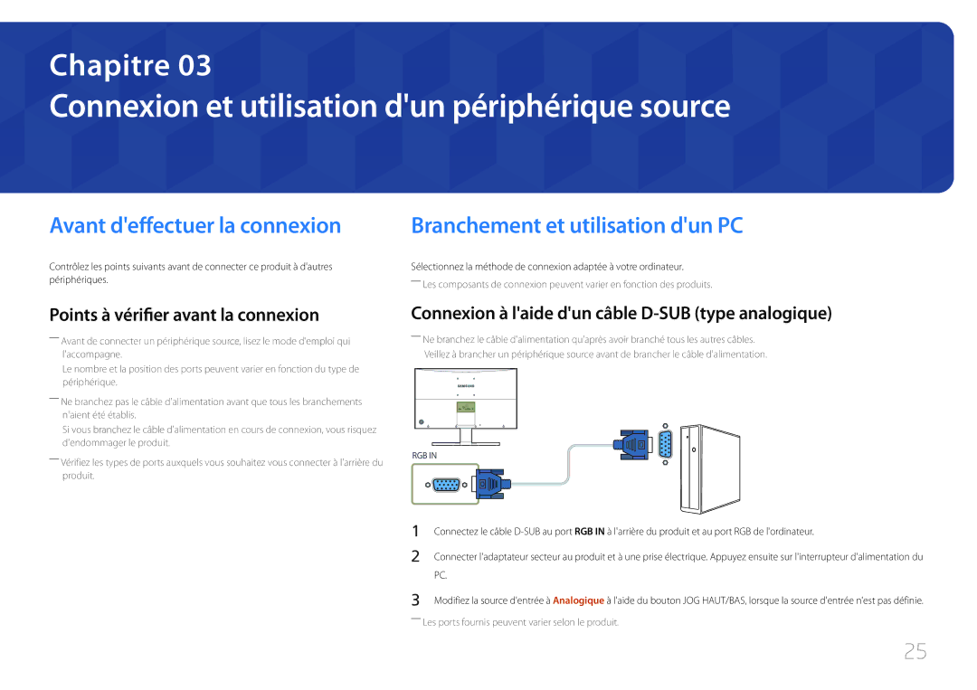 Samsung LS27E500CSZ/EN, LS24E500CS/EN manual Connexion et utilisation dun périphérique source, Avant deffectuer la connexion 