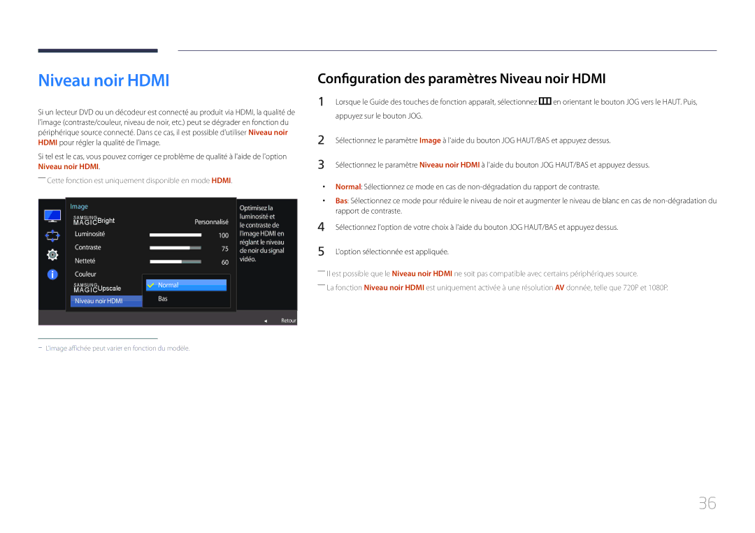 Samsung LS24E500CS/EN manual Configuration des paramètres Niveau noir Hdmi, Niveau noir Hdmi Personnalisé, Normal Bas해제 