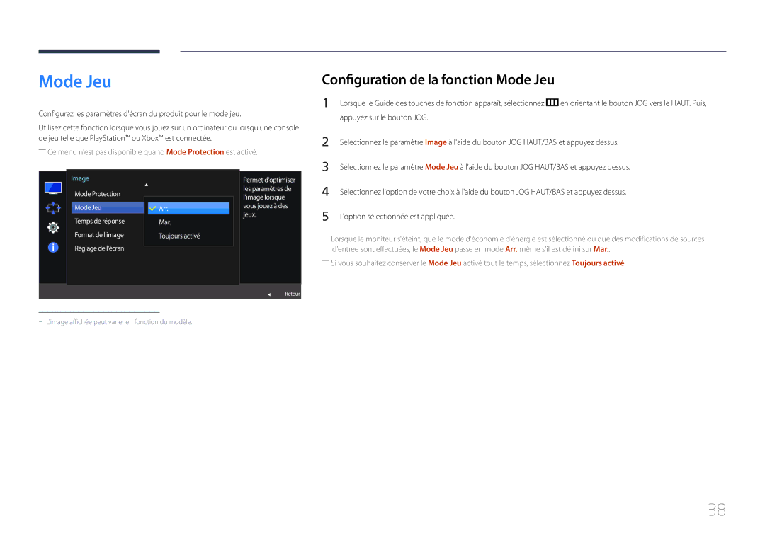 Samsung LS24E500CS/EN manual Configuration de la fonction Mode Jeu, Réglage de lécran Arr. Mar Toujours activé 와이드 