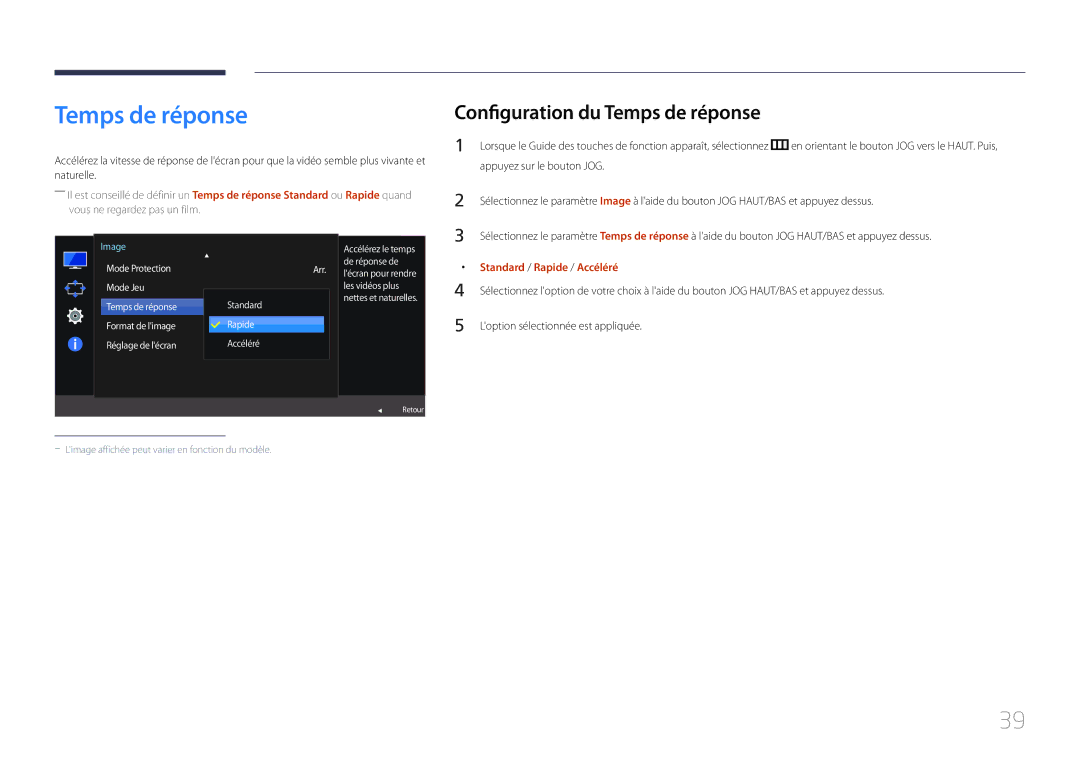 Samsung LS27E500CSZ/EN manual Configuration du Temps de réponse, Standard / Rapide / Accéléré, Réglage de lécran 