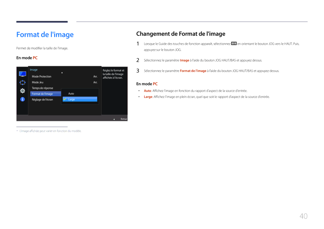 Samsung LS24E500CS/EN manual Changement de Format de limage, Permet de modifier la taille de limage, Arr Auto Large 