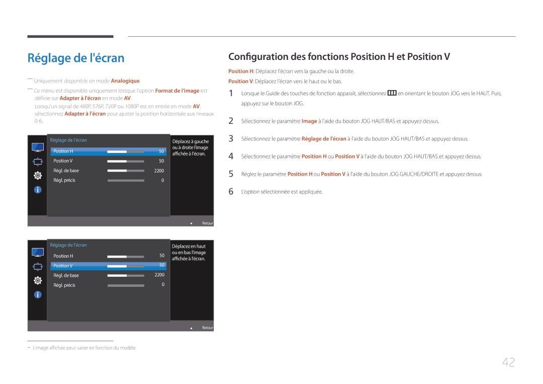 Samsung LS24E500CS/EN, LS27E500CSZ/EN manual Réglage de lécran, Configuration des fonctions Position H et Position 