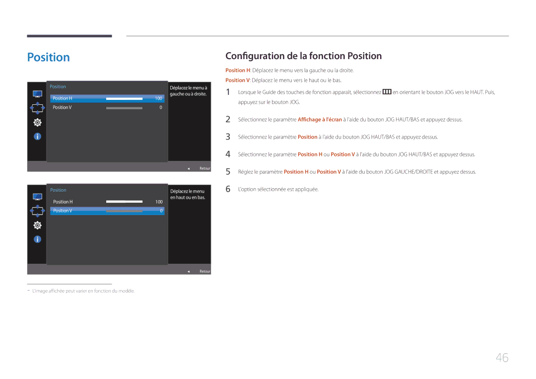 Samsung LS24E500CS/EN, LS27E500CSZ/EN Configuration de la fonction Position, Appuyez sur le bouton JOG, Position H 100 