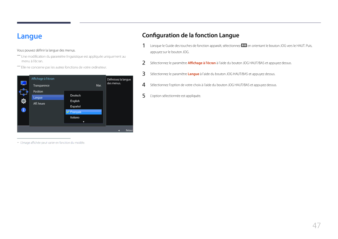 Samsung LS27E500CSZ/EN Configuration de la fonction Langue, Vous pouvez définir la langue des menus, Aff. heure Mar 