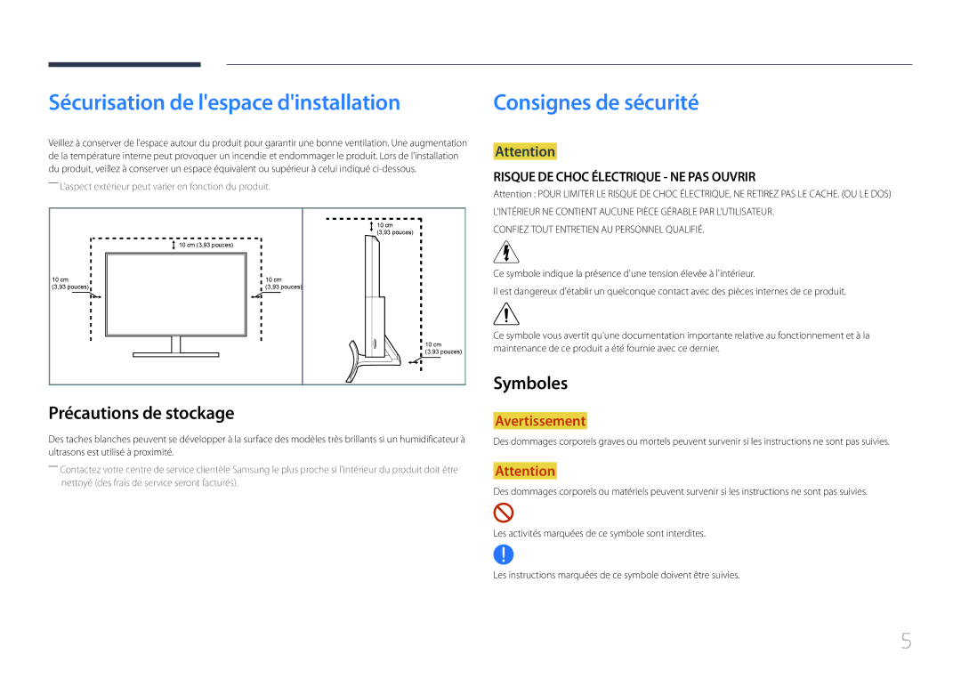 Samsung LS27E500CSZ/EN, LS24E500CS/EN manual Sécurisation de lespace dinstallation, Précautions de stockage, Symboles 