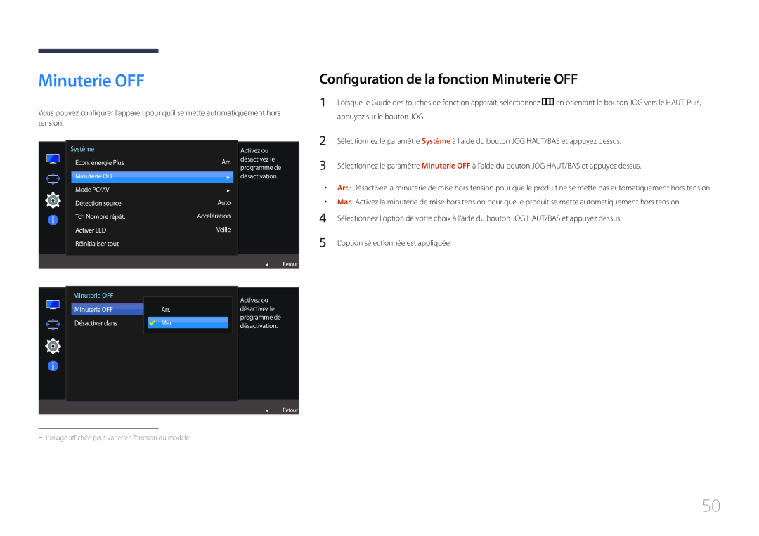 Samsung LS24E500CS/EN Configuration de la fonction Minuterie OFF, Activez ou, Activer LED Veille Réinitialiser tout 