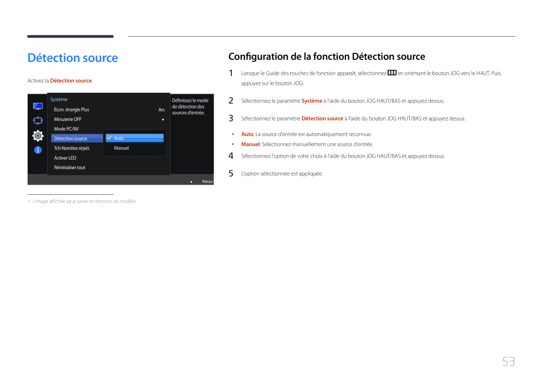 Samsung LS27E500CSZ/EN, LS24E500CS/EN manual Configuration de la fonction Détection source, Activez la Détection source 