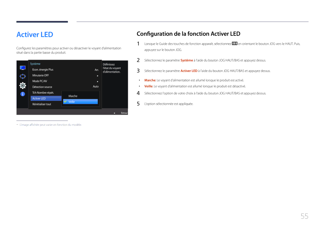 Samsung LS27E500CSZ/EN, LS24E500CS/EN manual Configuration de la fonction Activer LED, Arr Auto Marche Veille 