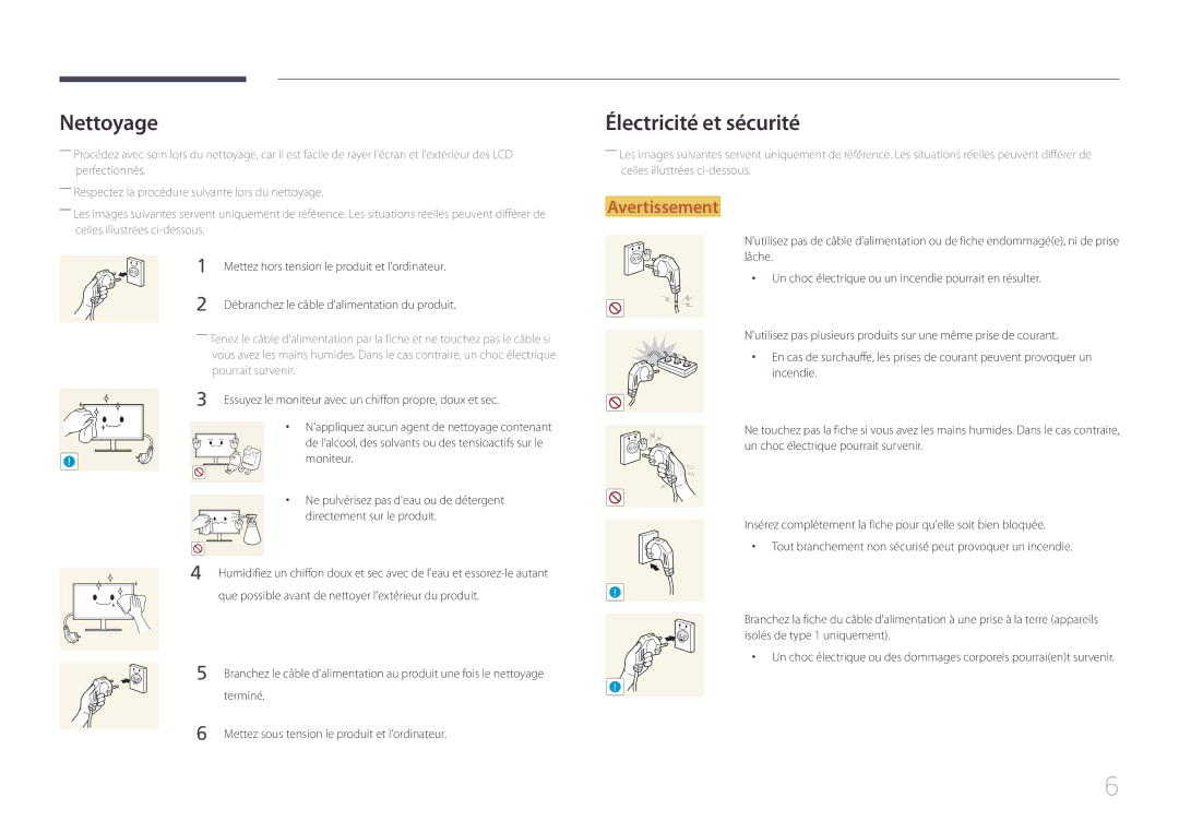 Samsung LS24E500CS/EN, LS27E500CSZ/EN manual Nettoyage, Électricité et sécurité 