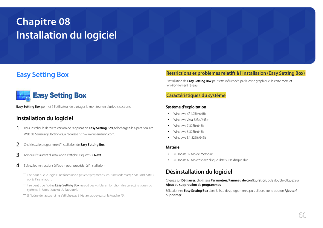 Samsung LS24E500CS/EN, LS27E500CSZ/EN manual Installation du logiciel, Easy Setting Box, Désinstallation du logiciel 