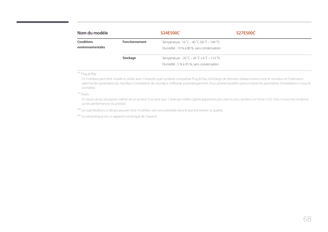 Samsung LS24E500CS/EN manual Conditions Fonctionnement, Température 10 C 40 C 50 F 104 F, Environnementales, Stockage 