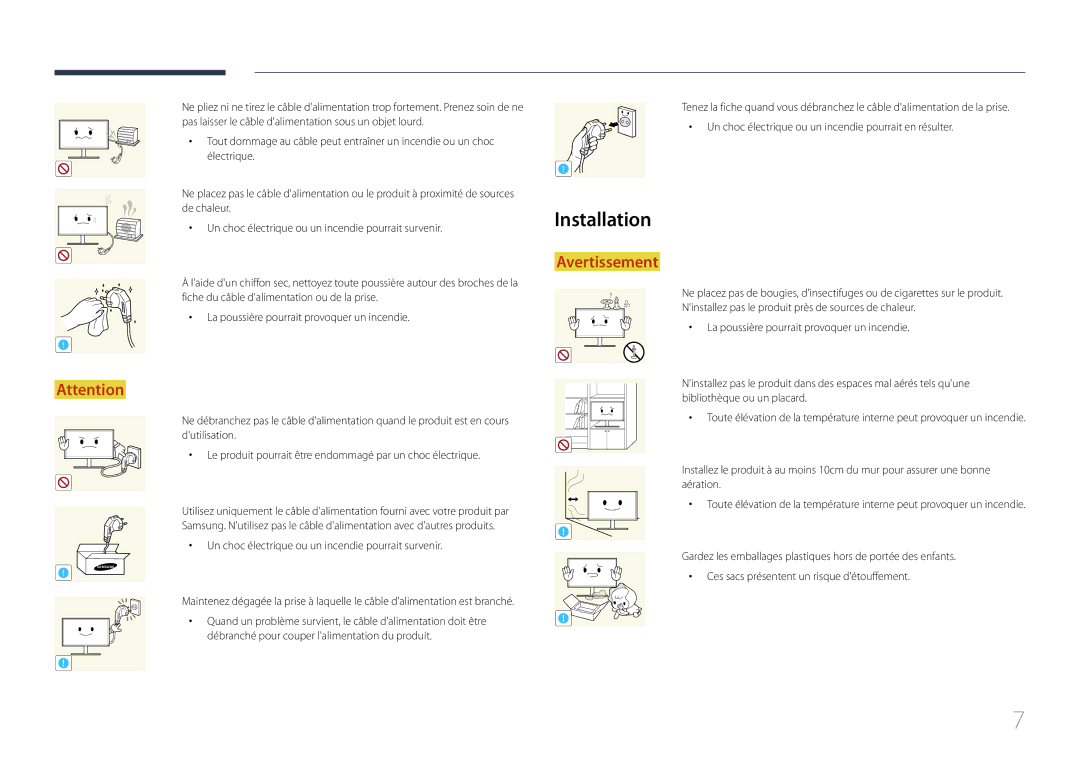 Samsung LS27E500CSZ/EN, LS24E500CS/EN manual Installation, Un choc électrique ou un incendie pourrait survenir 