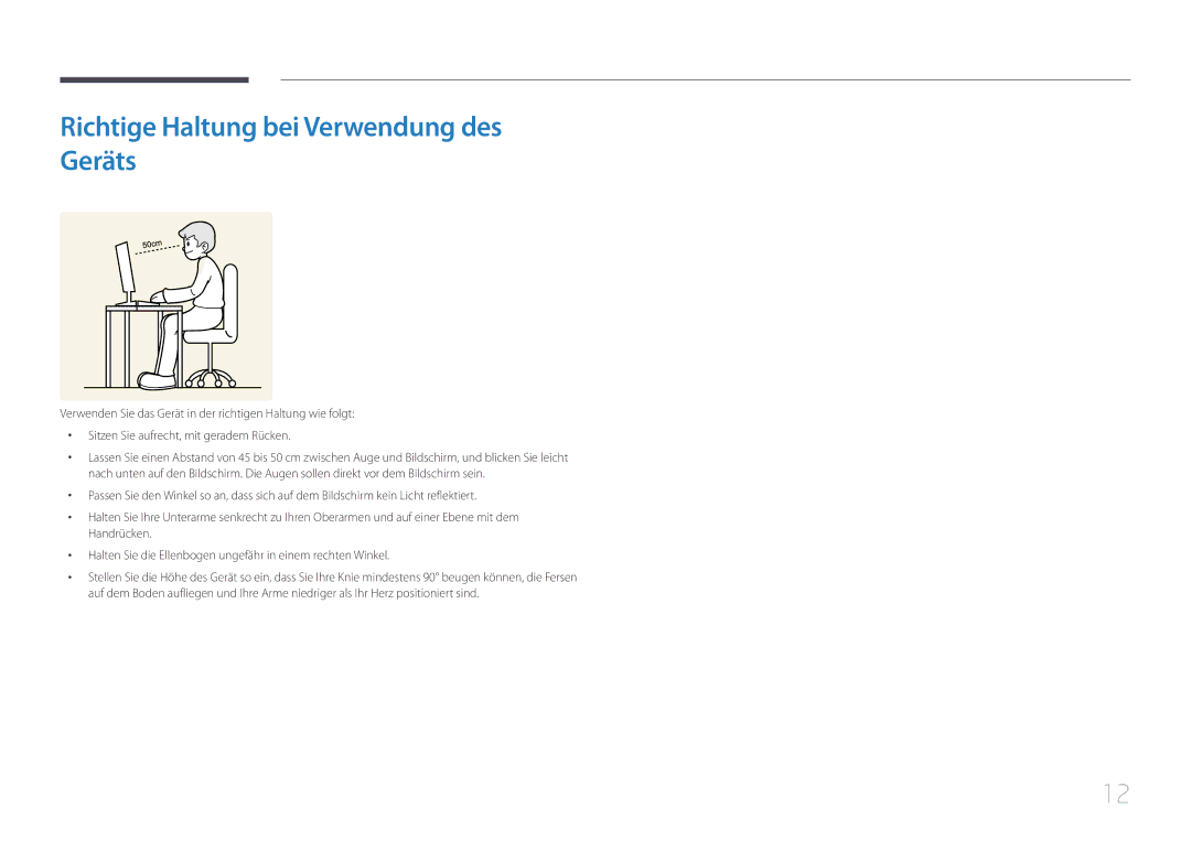 Samsung LS24E500CS/EN, LS27E500CSZ/EN manual Richtige Haltung bei Verwendung des Geräts 