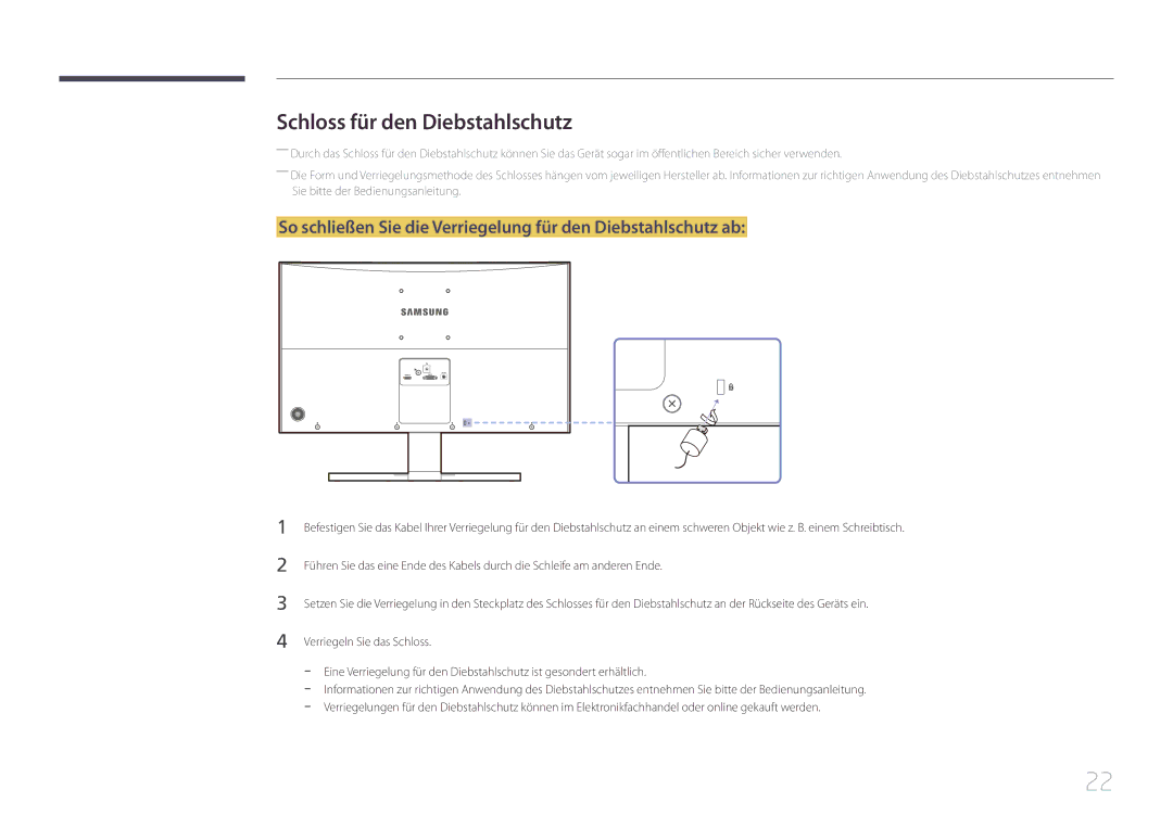 Samsung LS24E500CS/EN, LS27E500CSZ/EN manual Schloss für den Diebstahlschutz 