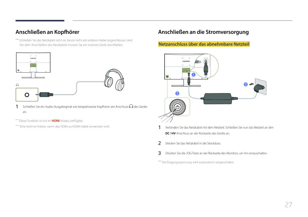 Samsung LS27E500CSZ/EN, LS24E500CS/EN manual Anschließen an Kopfhörer, Anschließen an die Stromversorgung 