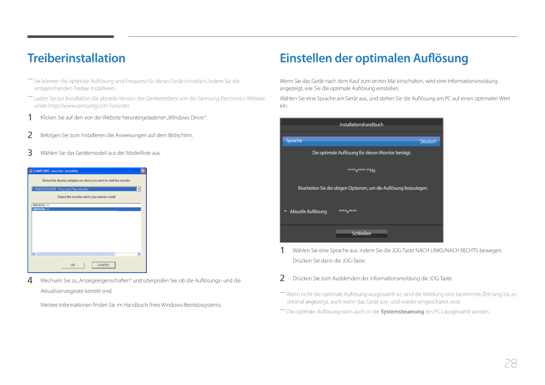 Samsung LS24E500CS/EN manual Treiberinstallation, Einstellen der optimalen Auflösung, Installationshandbuch Sprache Deutsch 