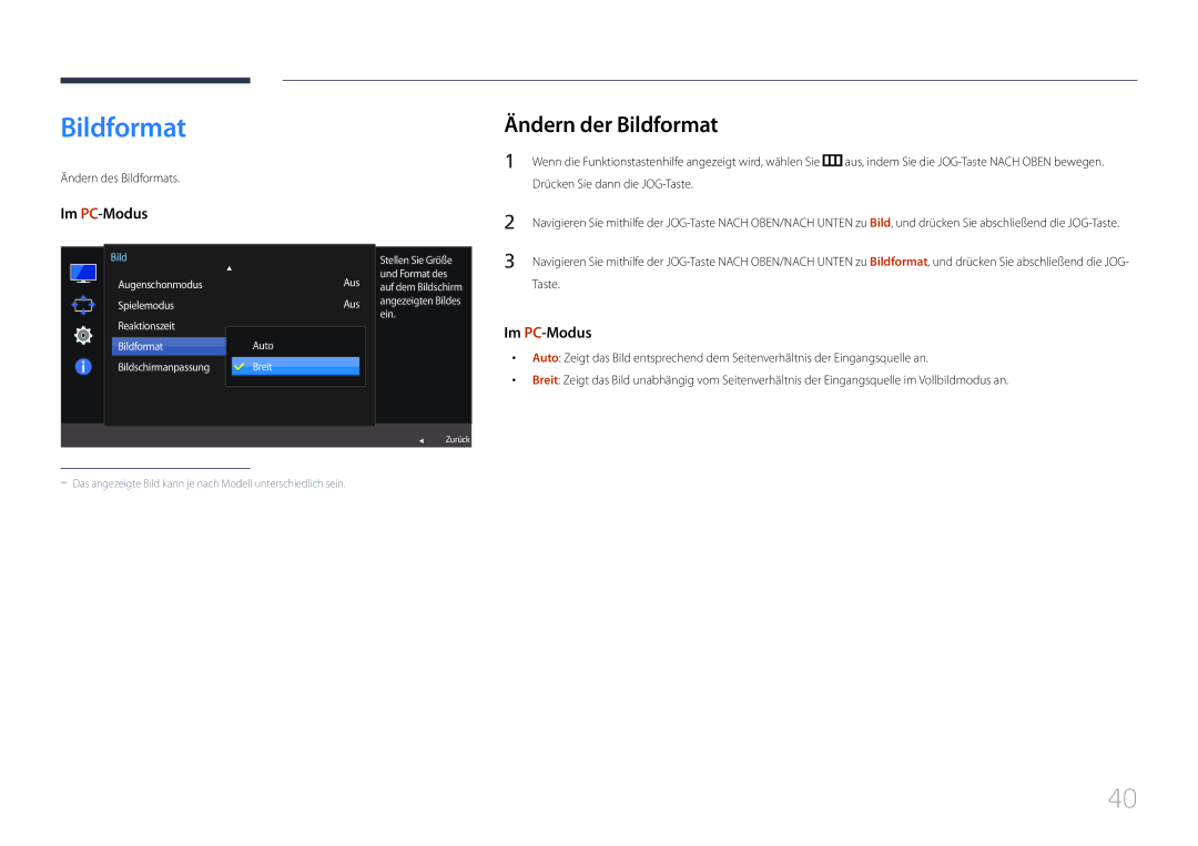 Samsung LS24E500CS/EN, LS27E500CSZ/EN Ändern der Bildformat, Ändern des Bildformats, Aus Und Format des, Auto Breit 