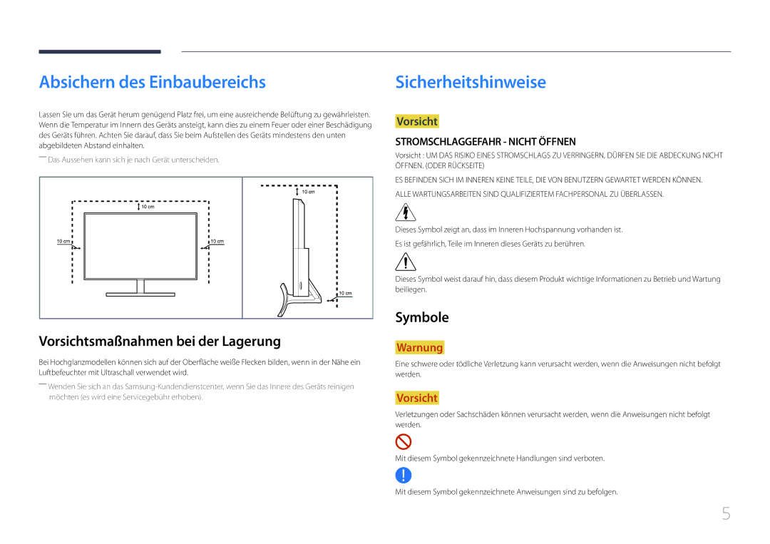 Samsung LS27E500CSZ/EN Absichern des Einbaubereichs, Sicherheitshinweise, Vorsichtsmaßnahmen bei der Lagerung, Symbole 