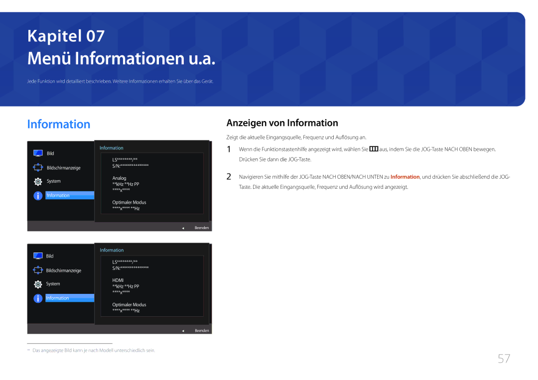 Samsung LS27E500CSZ/EN manual Menü Informationen u.a, Anzeigen von Information, Bild Bildschirmanzeige System Information 