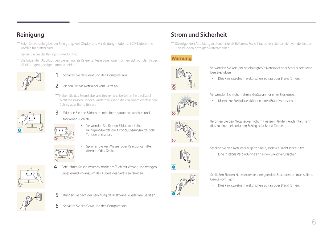 Samsung LS24E500CS/EN, LS27E500CSZ/EN manual Reinigung, Strom und Sicherheit 