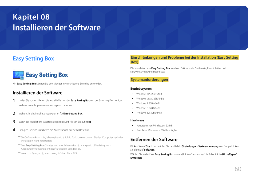 Samsung LS24E500CS/EN, LS27E500CSZ/EN manual Installieren der Software, Easy Setting Box, Entfernen der Software 