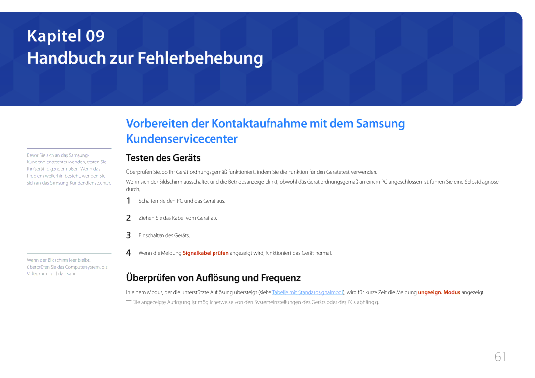 Samsung LS27E500CSZ/EN manual Handbuch zur Fehlerbehebung, Testen des Geräts, Überprüfen von Auflösung und Frequenz 