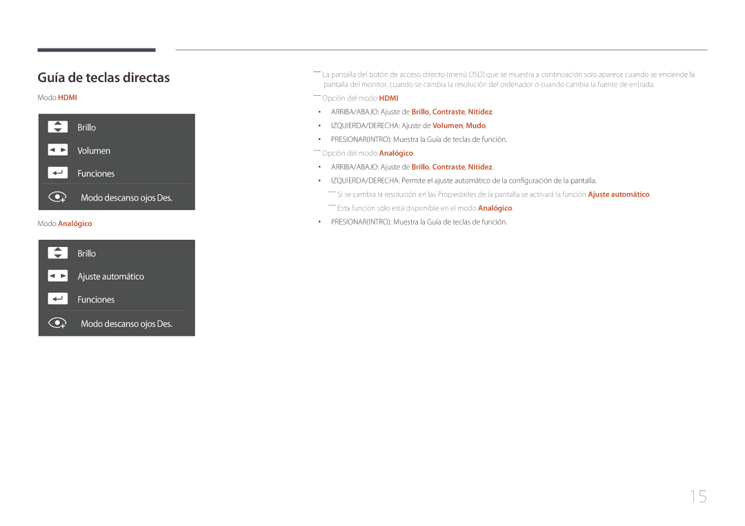 Samsung LS27E500CSZ/EN manual Guía de teclas directas, Modo Hdmi, Presionarintro Muestra la Guía de teclas de función 