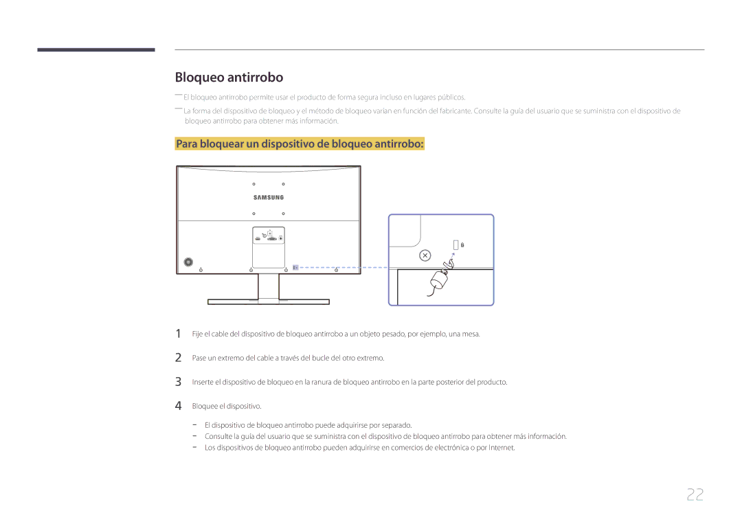 Samsung LS24E500CS/EN, LS27E500CSZ/EN manual Bloqueo antirrobo, Para bloquear un dispositivo de bloqueo antirrobo 