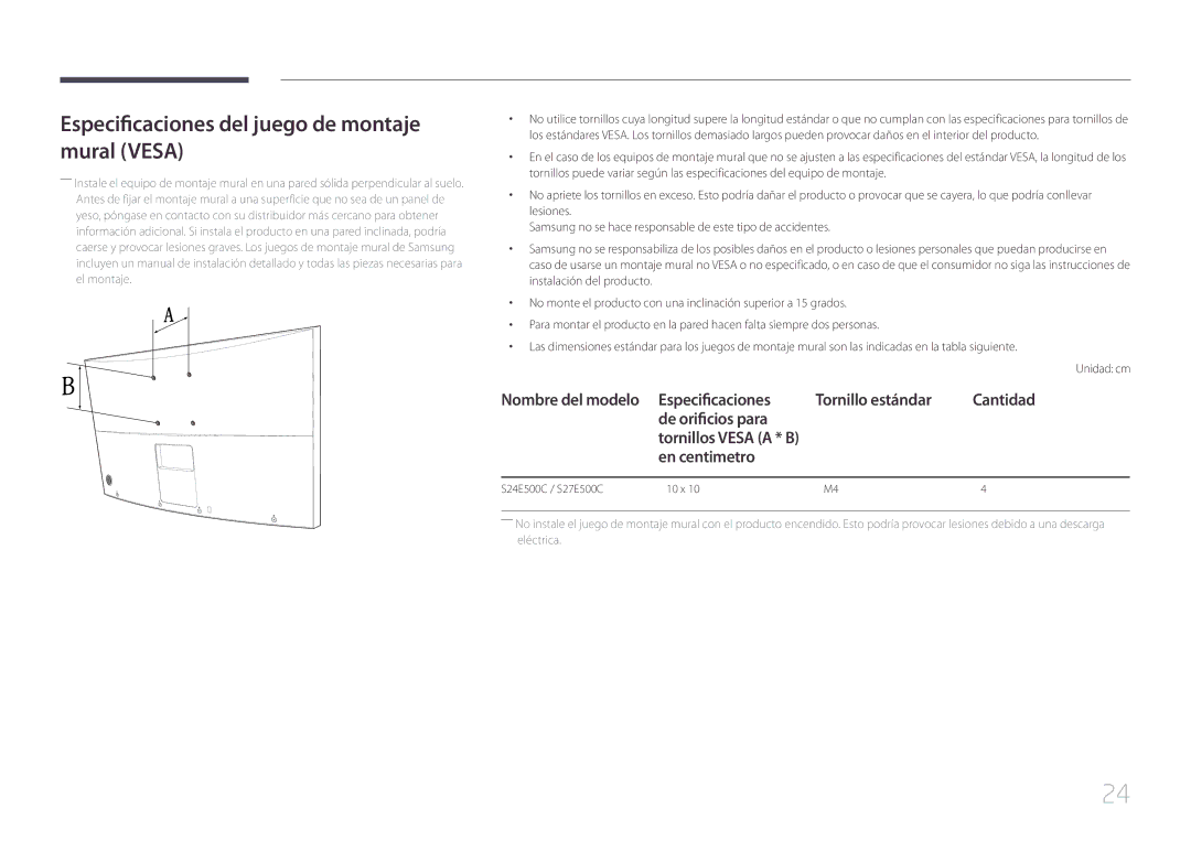 Samsung LS24E500CS/EN, LS27E500CSZ/EN manual Especificaciones del juego de montaje mural Vesa, En centimetro 