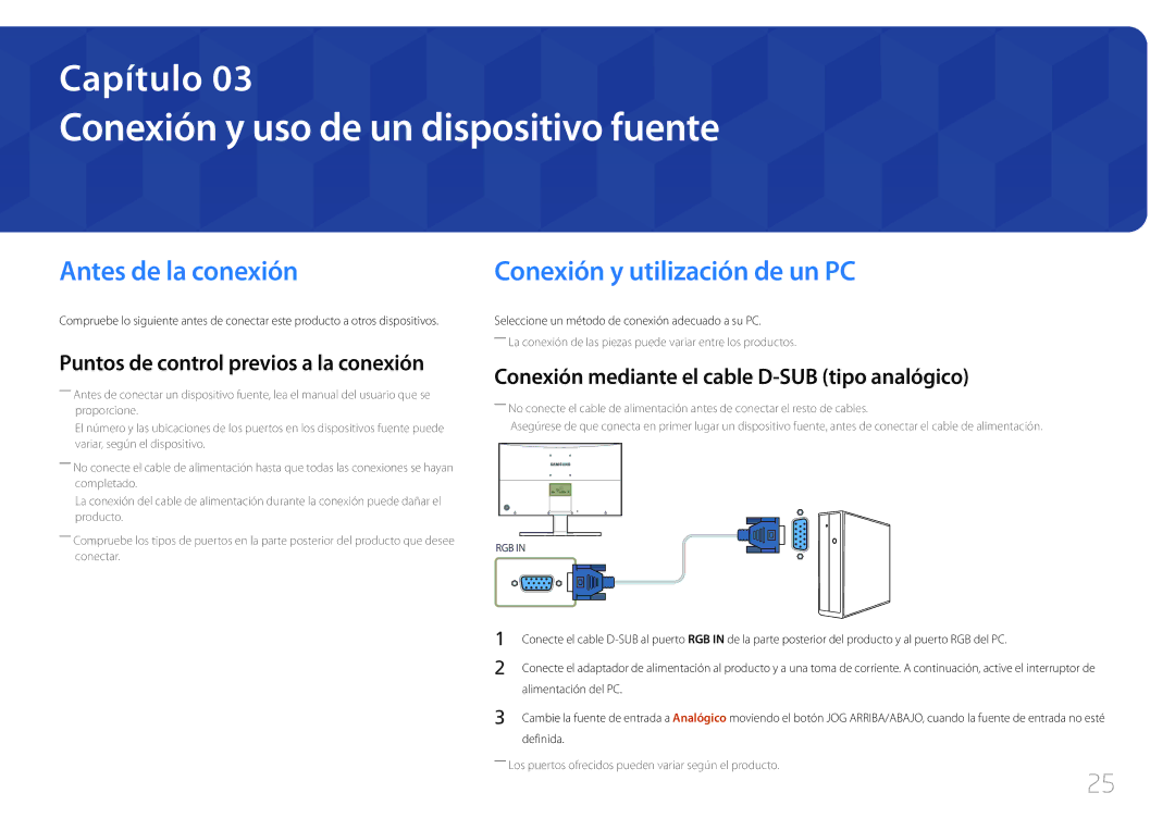 Samsung LS27E500CSZ/EN Conexión y uso de un dispositivo fuente, Antes de la conexión, Conexión y utilización de un PC 