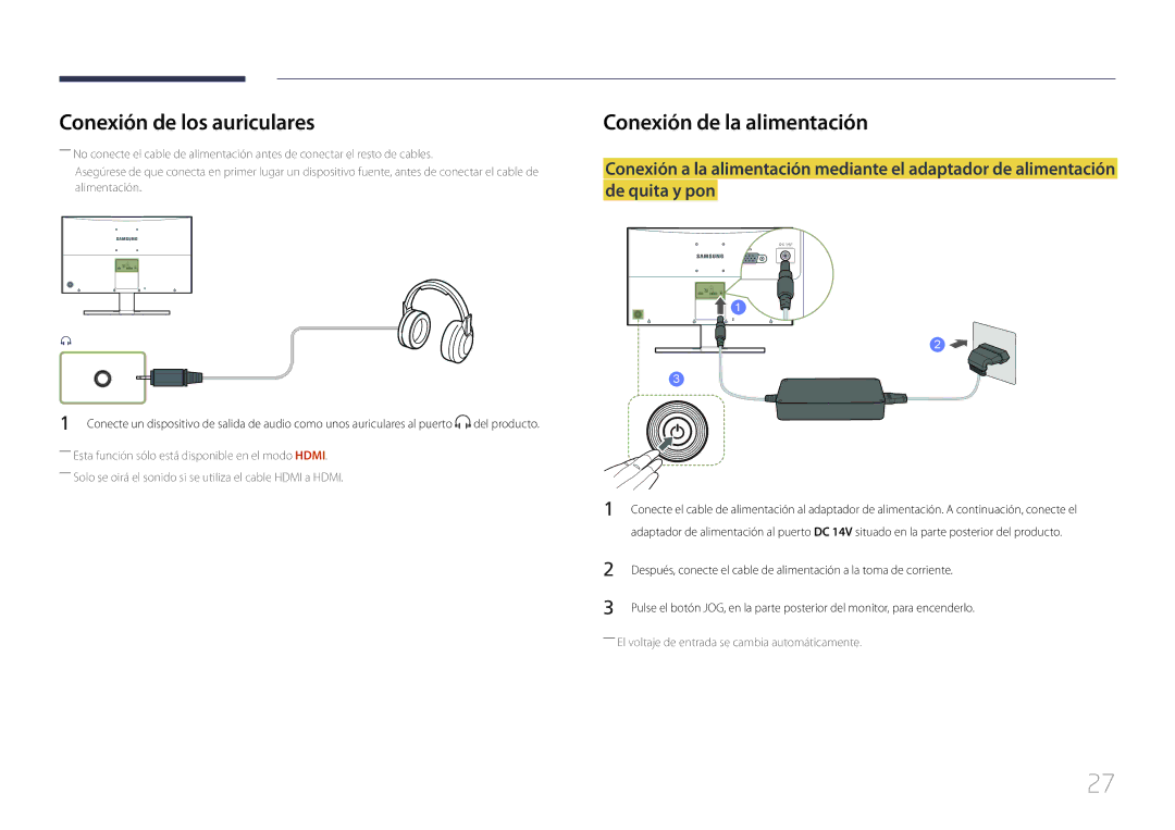 Samsung LS27E500CSZ/EN, LS24E500CS/EN manual Conexión de los auriculares, Conexión de la alimentación 