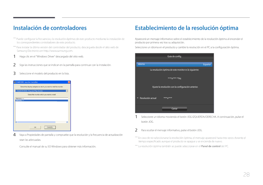 Samsung LS24E500CS/EN, LS27E500CSZ/EN manual Instalación de controladores, Establecimiento de la resolución óptima 