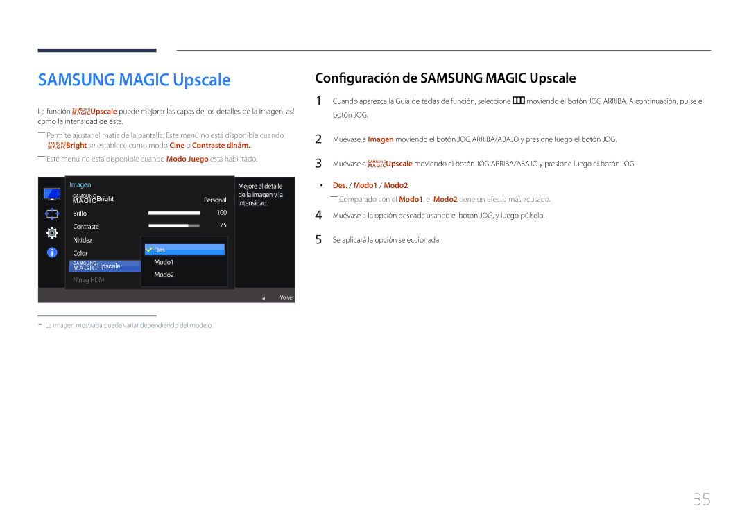 Samsung LS27E500CSZ/EN, LS24E500CS/EN manual Configuración de Samsung Magic Upscale, Personal intensidad Des Modo1 Modo2 