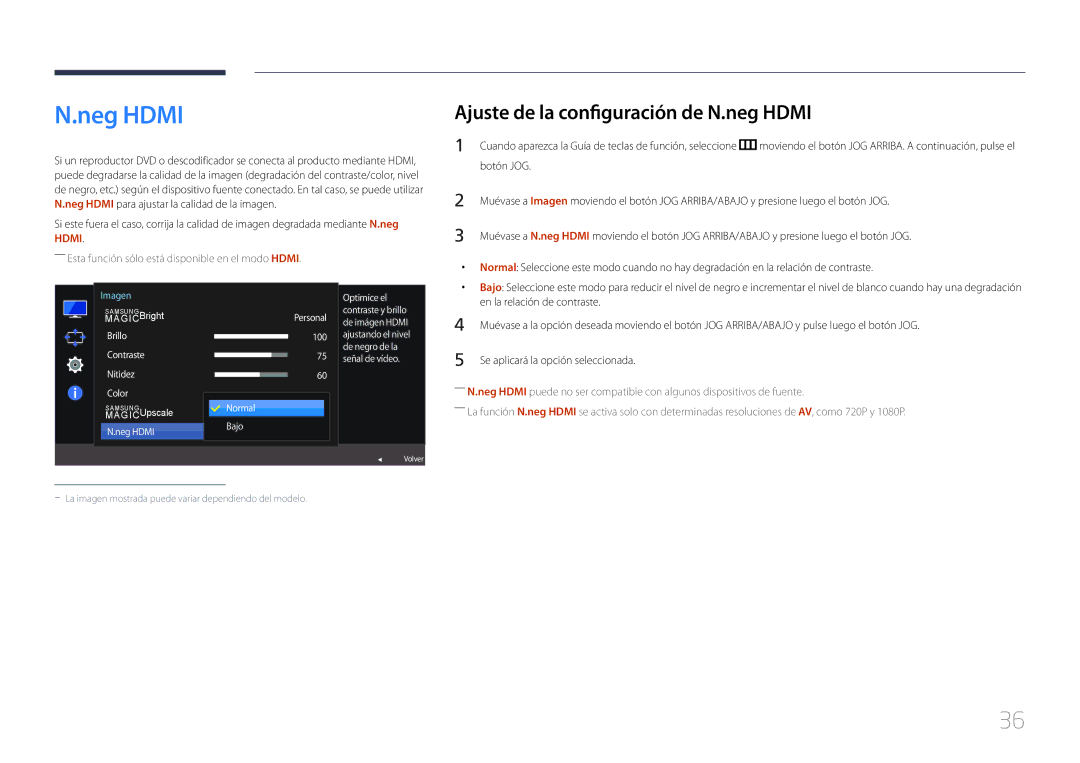 Samsung LS24E500CS/EN, LS27E500CSZ/EN manual Neg Hdmi, Ajuste de la configuración de N.neg Hdmi 