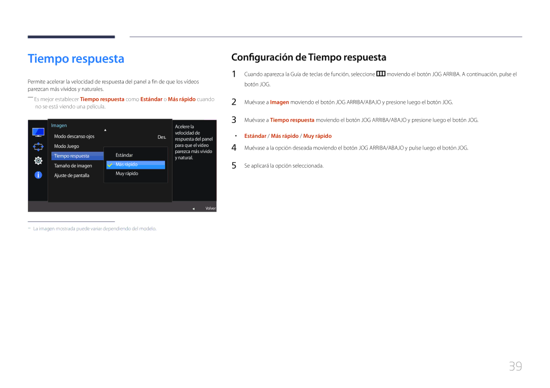 Samsung LS27E500CSZ/EN manual Configuración de Tiempo respuesta, Modo descanso ojos Modo Juego Tiempo respuesta 