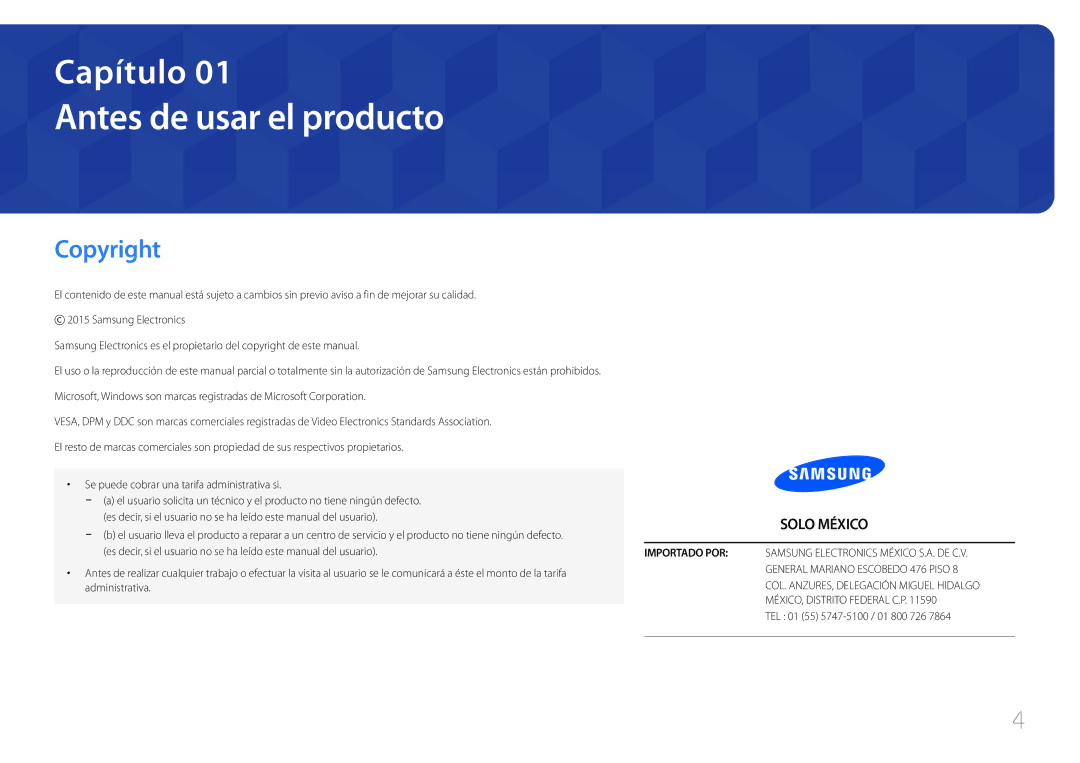 Samsung LS24E500CS/EN manual Antes de usar el producto, Copyright, Administrativa, TEL 01 55 5747-5100 / 01 800 726 