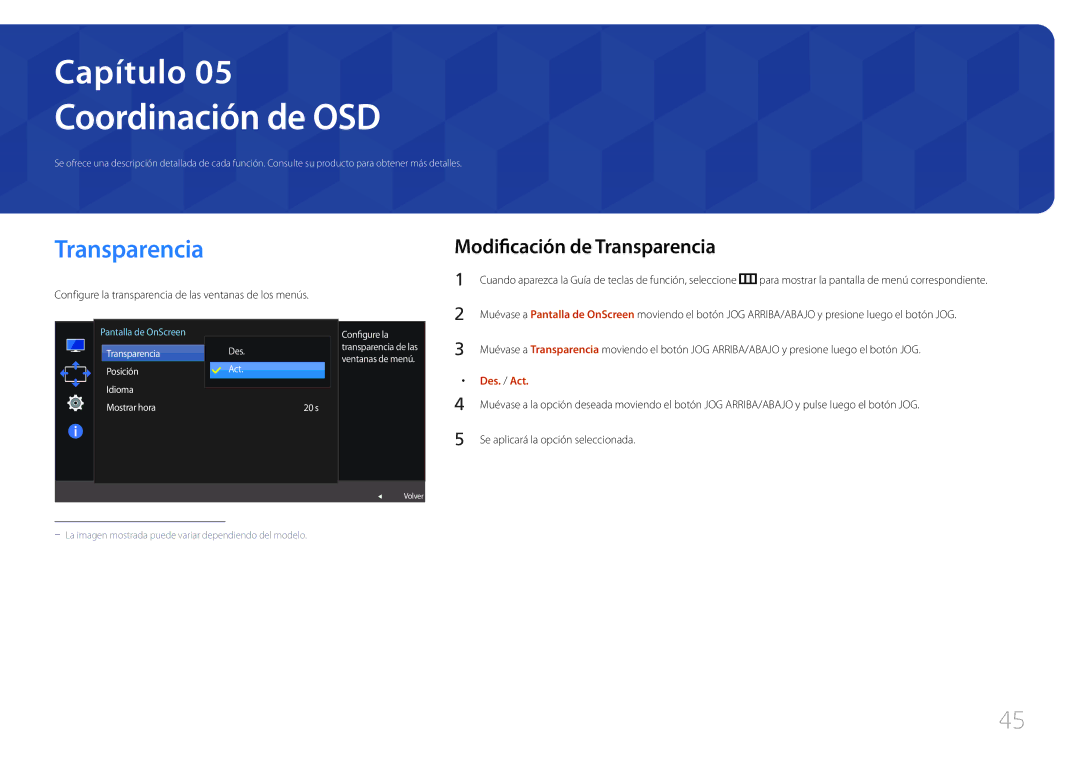 Samsung LS27E500CSZ/EN, LS24E500CS/EN manual Coordinación de OSD, Modificación de Transparencia 