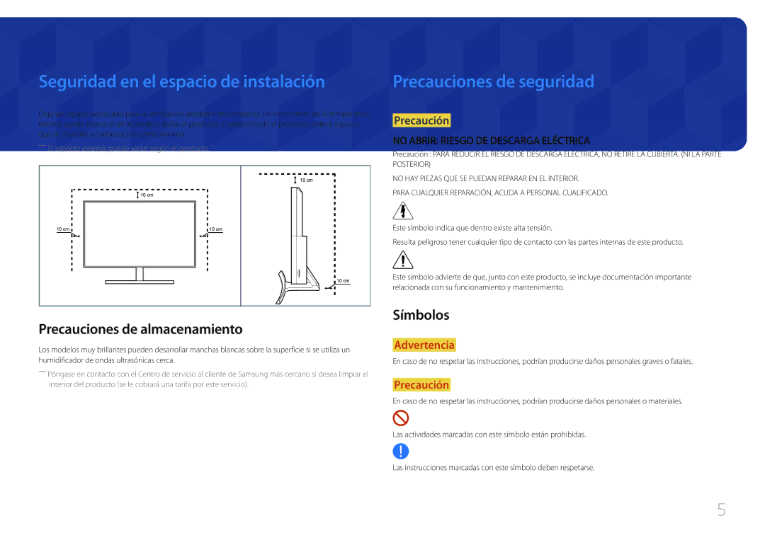 Samsung LS27E500CSZ/EN Seguridad en el espacio de instalación, Precauciones de seguridad, Precauciones de almacenamiento 