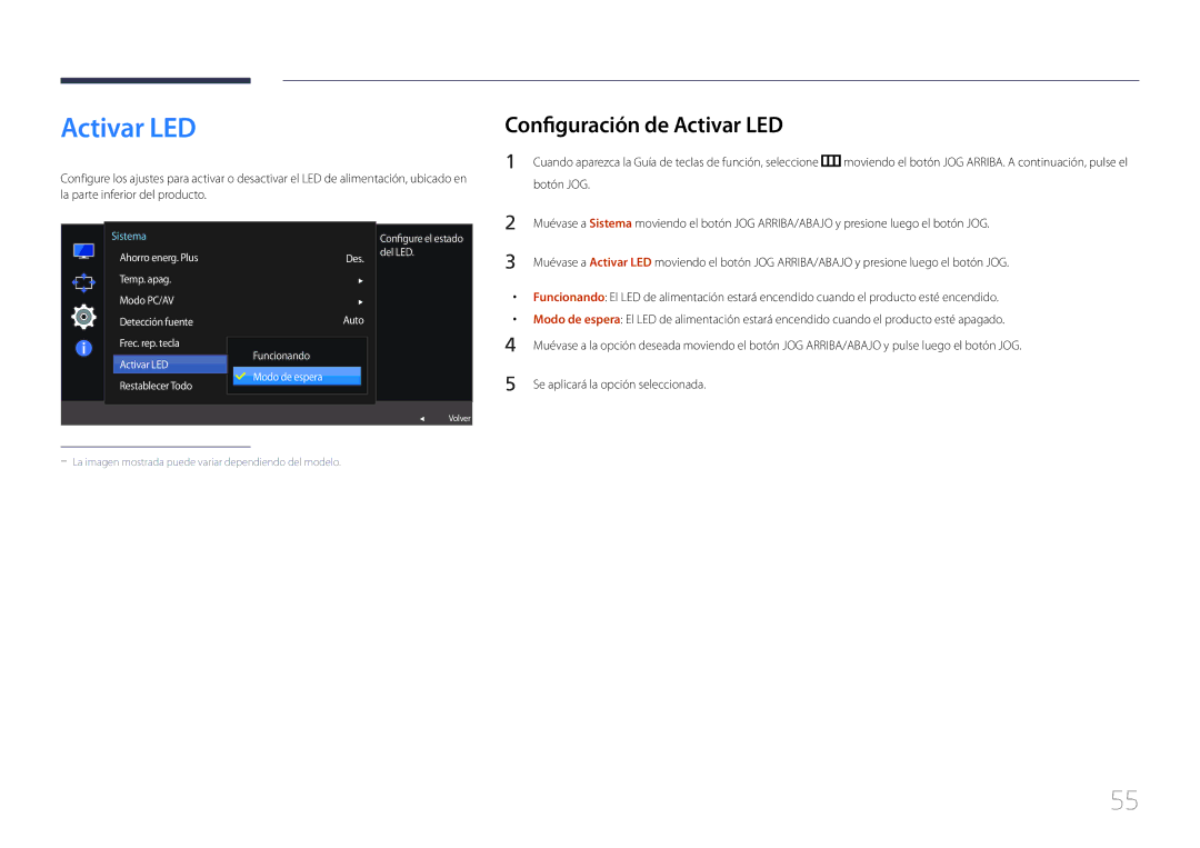 Samsung LS27E500CSZ/EN, LS24E500CS/EN manual Configuración de Activar LED 