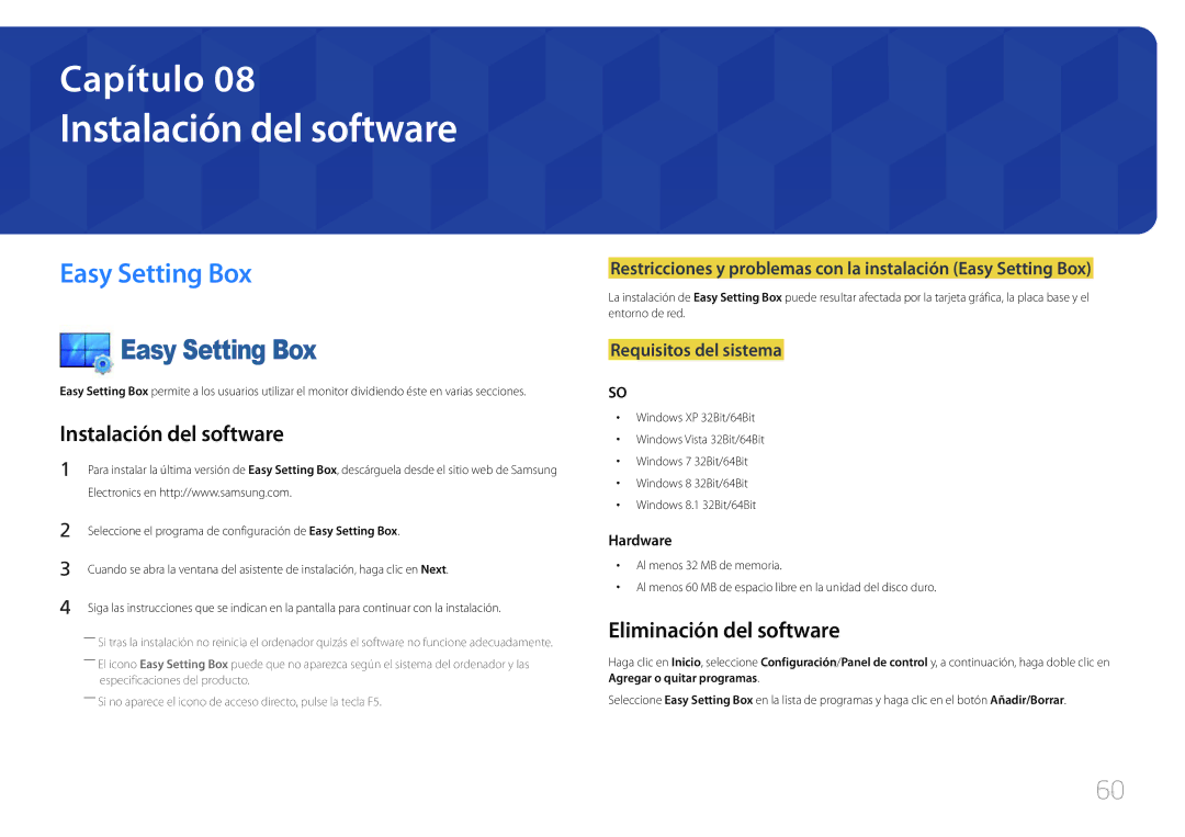 Samsung LS24E500CS/EN, LS27E500CSZ/EN manual Instalación del software, Easy Setting Box, Eliminación del software 