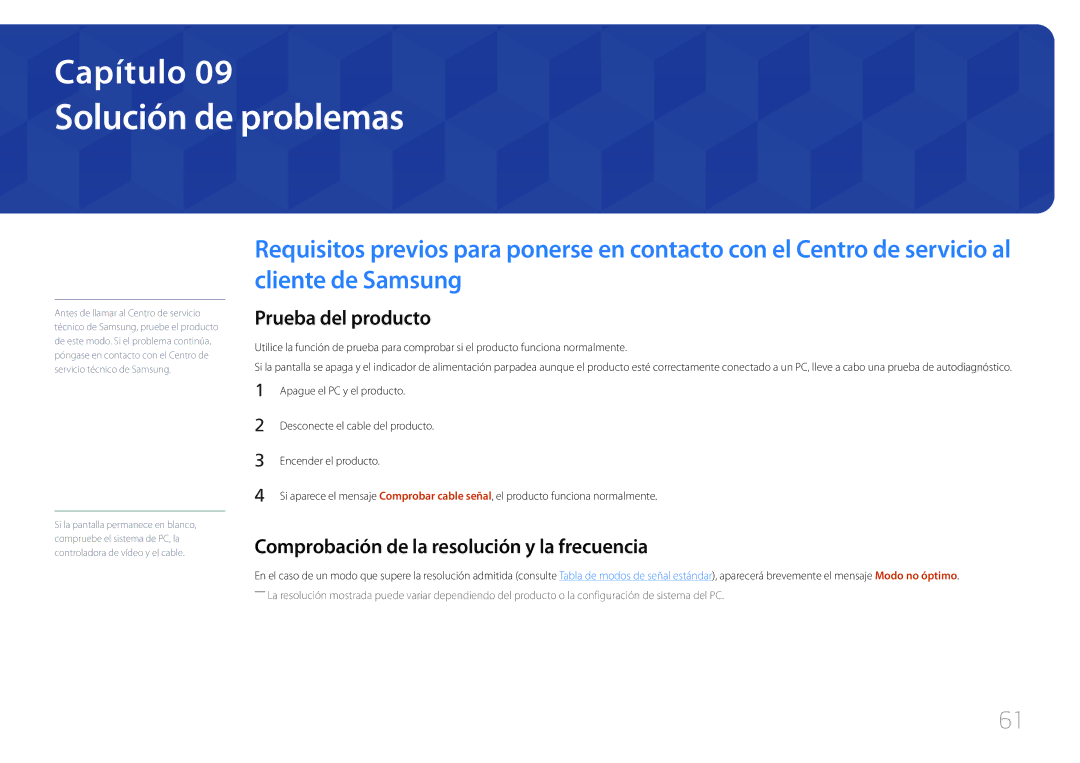 Samsung LS27E500CSZ/EN manual Solución de problemas, Prueba del producto, Comprobación de la resolución y la frecuencia 