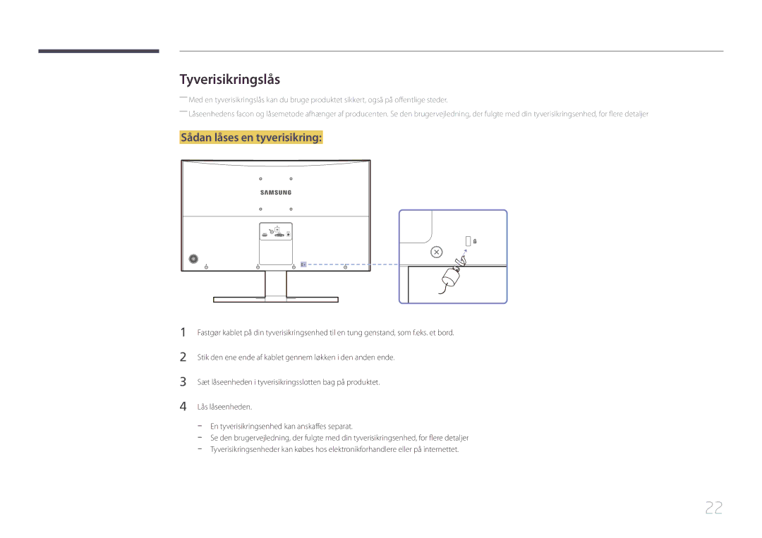 Samsung LS24E500CS/EN, LS27E500CSZ/EN manual Tyverisikringslås, Sådan låses en tyverisikring 